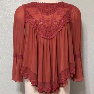 Women's Rust Crochet Lace Peasant Blouse